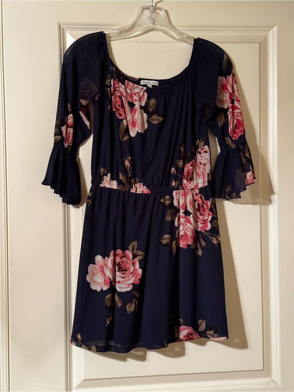 Charlotte Russe Small Navy Pink Floral Off Shoulder Bell Sleeve Dress